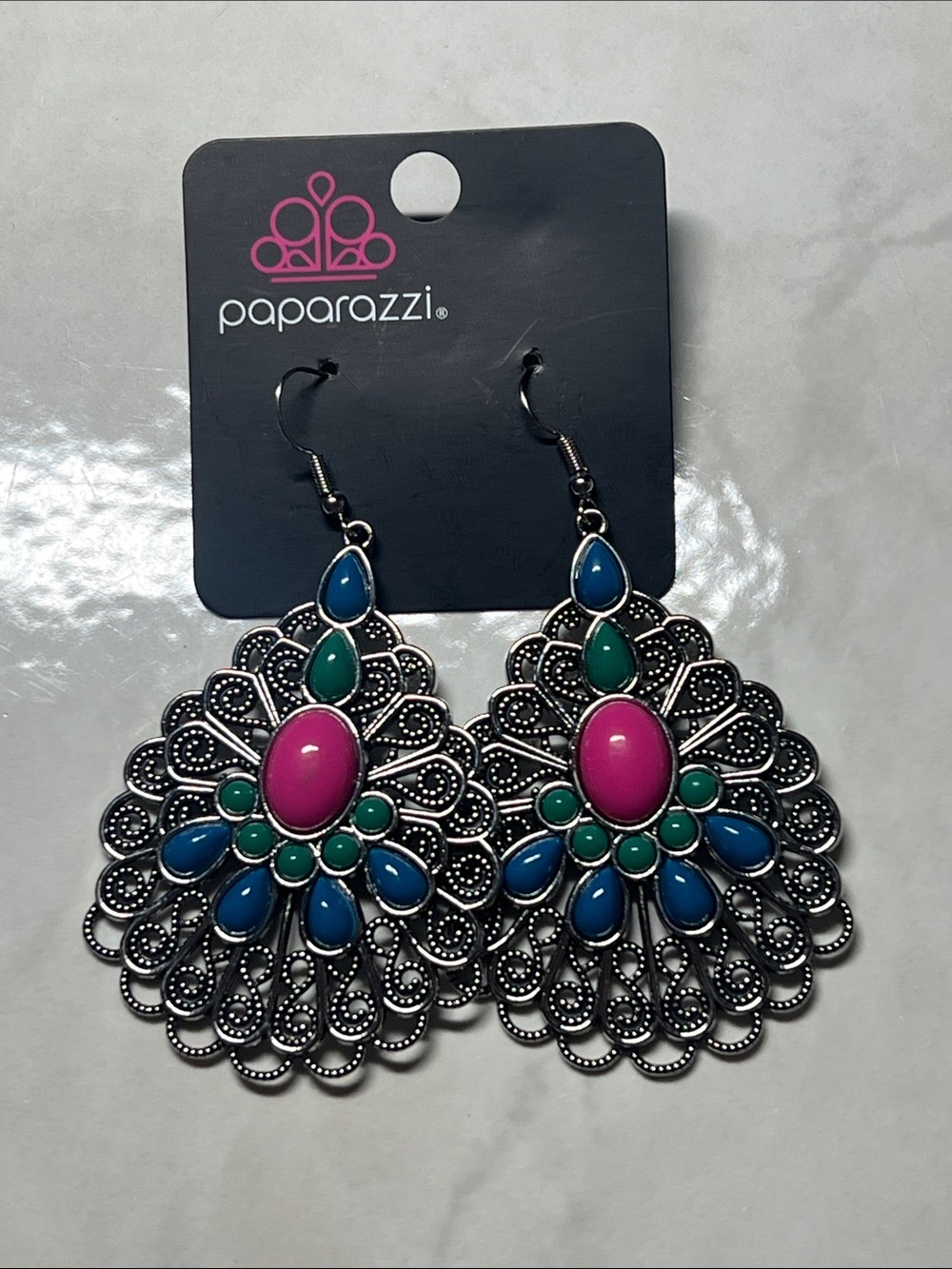 Paparazzi Pink, Blue and Green Filigree Dangle Earrings